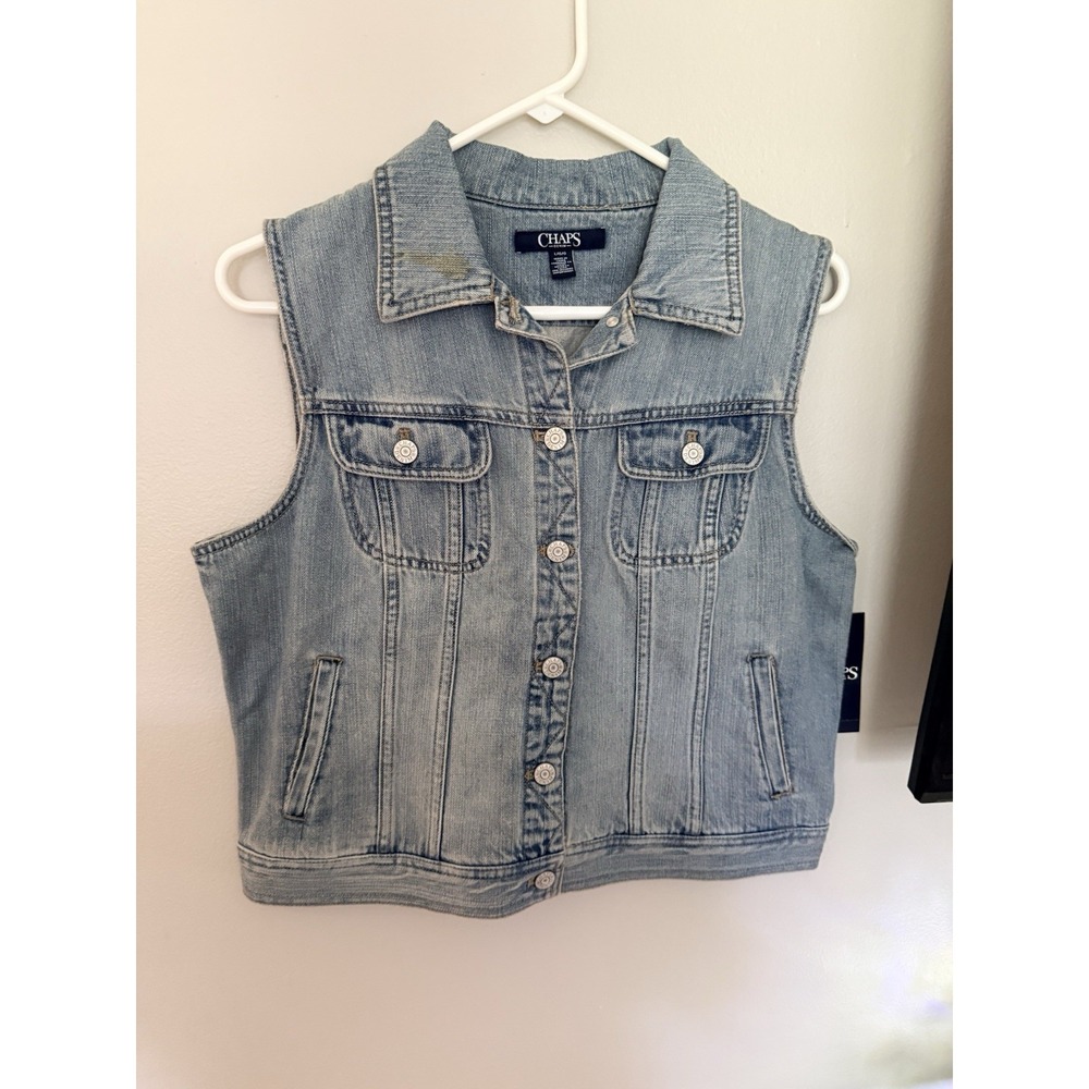 Vtg Chaps Denim Sleeveless Jean Jacket Vest Women's Large Button Front